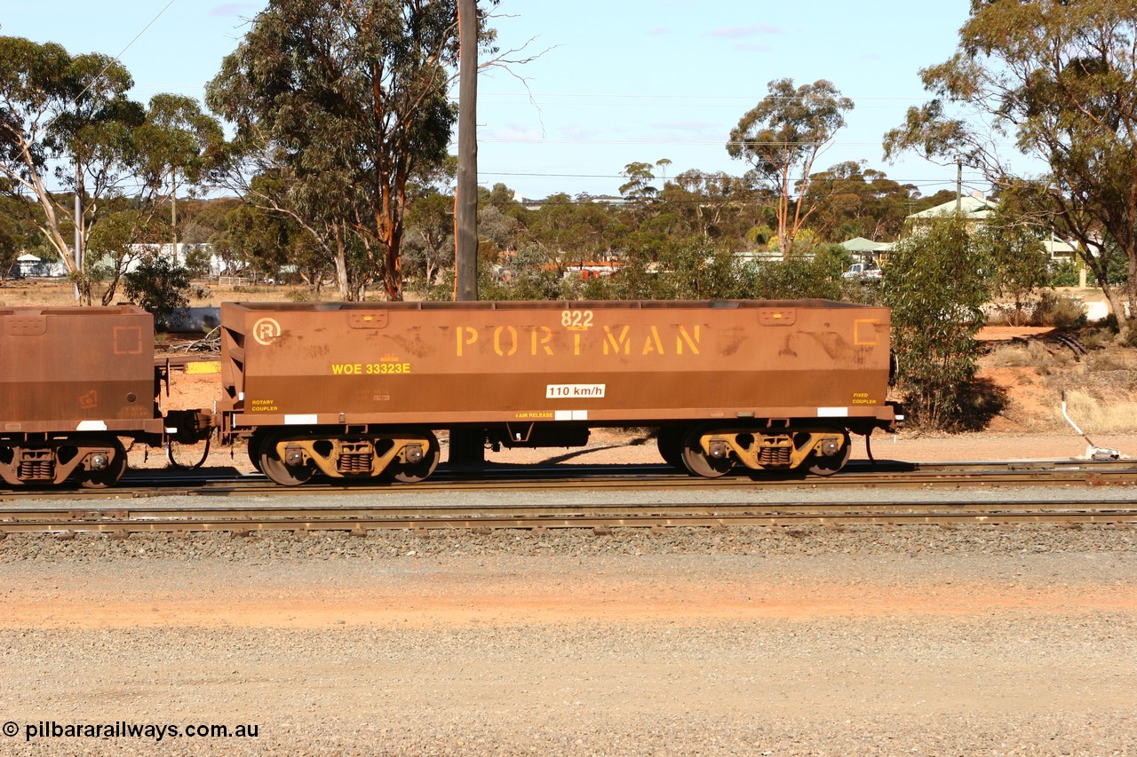 070529 9377
WOE type iron ore waggon WOE 33323 is one of a batch of one hundred and forty one built by United Goninan WA between November 2005 and April 2006 with serial number 950142-028 and fleet number 822 for Koolyanobbing iron ore operations in West Kalgoorlie, 29th May 2007.
Keywords: WOE-type;WOE33323;United-Goninan-WA;950142-028;