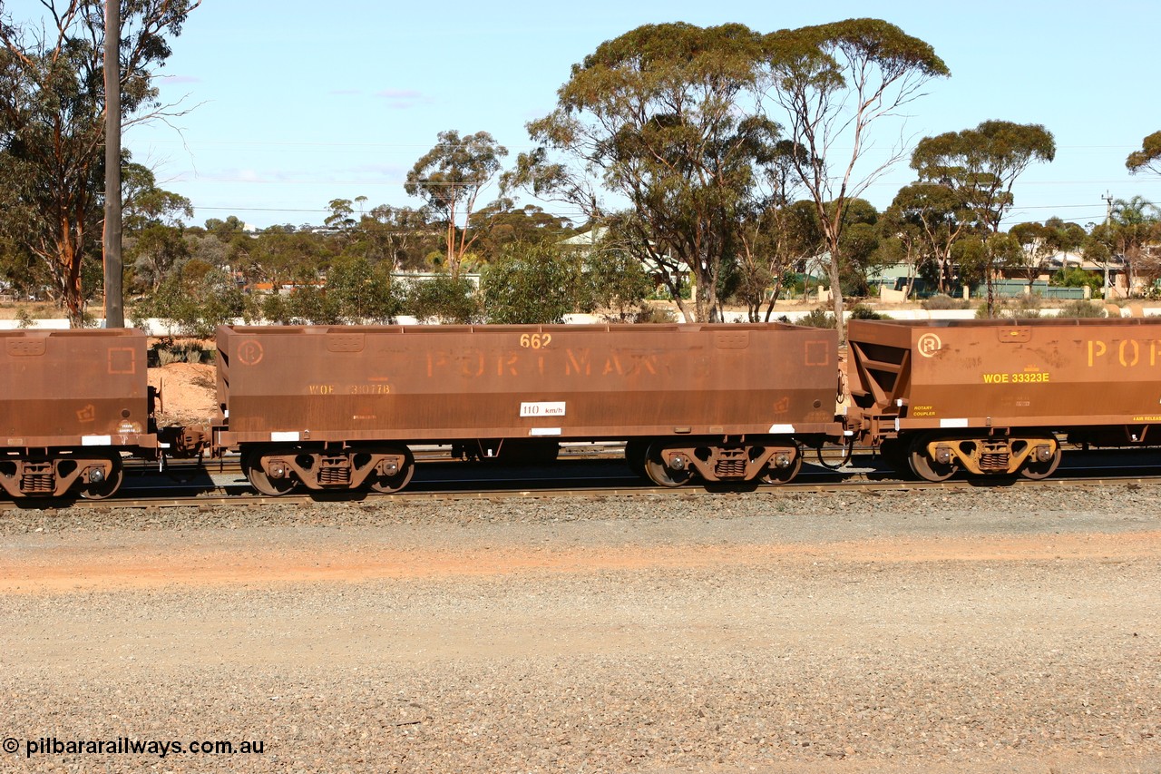 070529 9378
WOE type iron ore waggon WOE 31077 is one of a batch of one hundred and thirty built by Goninan WA between March and August 2001 with serial number 950092-067 and fleet number 662 for Koolyanobbing iron ore operations, West Kalgoorlie, 29th May 2007.
Keywords: WOE-type;WOE31077;Goninan-WA;950092-067;