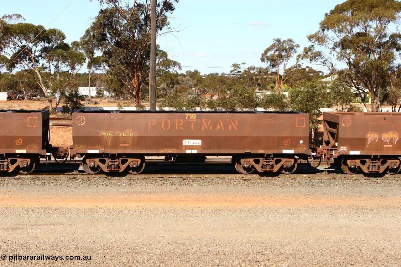 070529 9380
WOE type iron ore waggon WOE 31137 is one of a batch of one hundred and thirty built by Goninan WA between March and August 2001 with serial number 950092-127 and fleet number 719 for Koolyanobbing iron ore operations, West Kalgoorlie, 29th May 2007.
Keywords: WOE-type;WOE31137;Goninan-WA;950092-127;