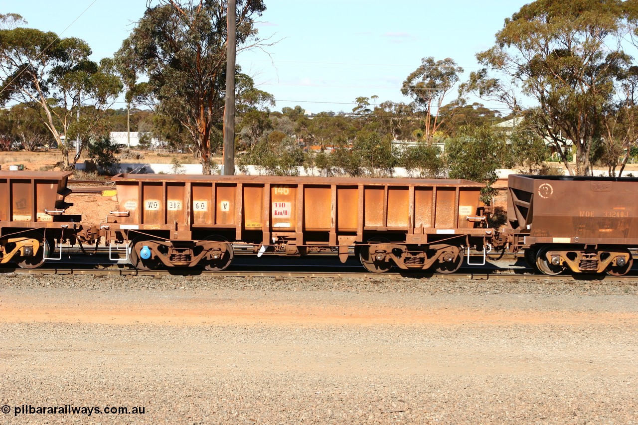 070529 9382
WO type iron ore waggon WO 31260 is one of a batch of sixty two built by Goninan WA between April and August 2000 with serial number 950086-010 and fleet number 146 for Koolyanobbing iron ore operations, and is a Goninan built replacement WO type waggon that replaces the original WAGR built WO type waggon with the newer style WOD type and has square features opposed to the curved ones as on the original WO class, West Kalgoorlie, 29th May 2007.
Keywords: WO-type;WO31260;Goninan-WA;950086-010;