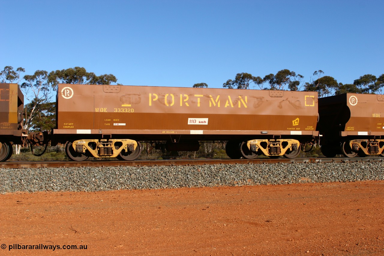 070531 9730
WOE type iron ore waggon WOE 33332 is one of a batch of one hundred and forty one built by United Goninan WA between November 2005 and April 2006 with serial number 950142-037 and fleet number 831 for Koolyanobbing iron ore operations, seen here at Binduli, 31st May 2007.
Keywords: WOE-type;WOE33332;United-Goninan-WA;950142-037;