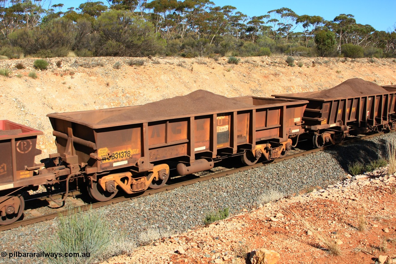 100602 8543
WOB type iron ore waggon WOB 31378 is one of a batch of twenty five built by Comeng WA between 1974 and 1975 and converted from Mt Newman high sided waggons by WAGR Midland Workshops with a capacity of 67 tons with fleet number 303 for Koolyanobbing iron ore operations, seen here west of Binduli, 2nd June 2010.
Keywords: WOB-type;WOB31378;Comeng-WA;Mt-Newman-Mining;