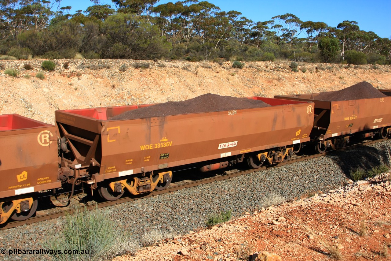 100602 8548
WOE type iron ore waggon WOE 33535 is one of a batch of one hundred and twenty eight built by United Group Rail WA between August 2008 and March 2009 with serial number 950211-075 and fleet number 9024 for Koolyanobbing iron ore operations, seen here west of Binduli, 2nd June 2010.
Keywords: WOE-type;WOE33535;United-Group-Rail-WA;950211-075;