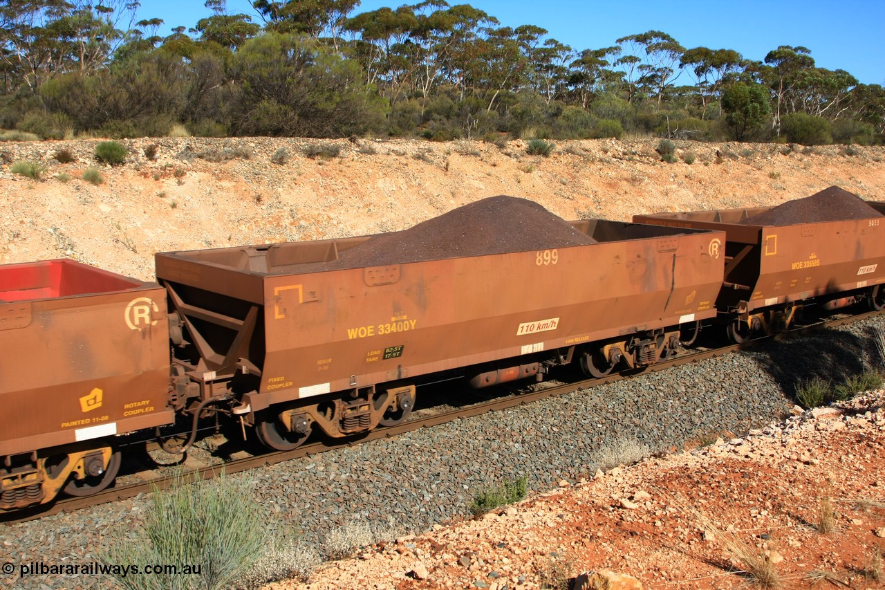 100602 8549
WOE type iron ore waggon WOE 33400 is one of a batch of one hundred and forty one built by United Group Rail WA between November 2005 and April 2006 with serial number 950142-105 and fleet number 899 for Koolyanobbing iron ore operations, seen here west of Binduli, 2nd June 2010.
Keywords: WOE-type;WOE33400;United-Group-Rail-WA;950142-105;