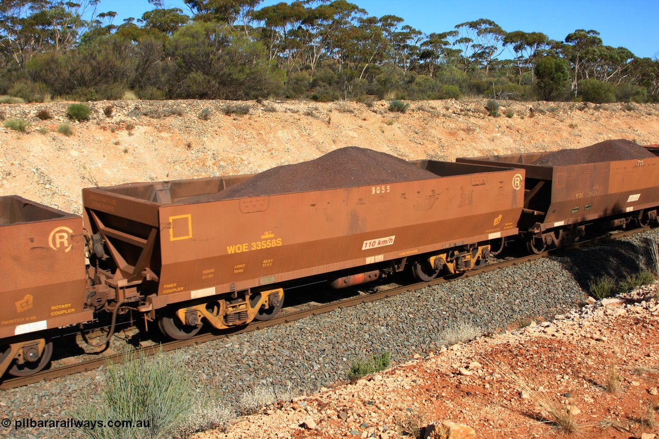 100602 8550
WOE type iron ore waggon WOE 33558 is one of a batch of one hundred and twenty eight built by United Group Rail WA between August 2008 and March 2009 with serial number 950211-098 and fleet number 9055 for Koolyanobbing iron ore operations, seen here west of Binduli, 2nd June 2010.
Keywords: WOE-type;WOE33558;United-Group-Rail-WA;950211-098;