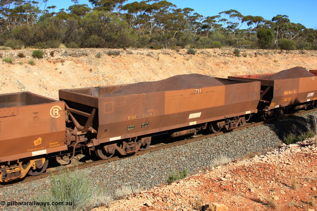 100602 8551
WOE type iron ore waggon WOE 31129 is one of a batch of one hundred and thirty built by Goninan WA between March and August 2001 with serial number 950092-119 and fleet number 711 for Koolyanobbing iron ore operations with revised load of 82.5 tonne and PORTMAN painted out, seen here west of Binduli, 2nd June 2010.
Keywords: WOE-type;WOE31129;Goninan-WA;950092-119;