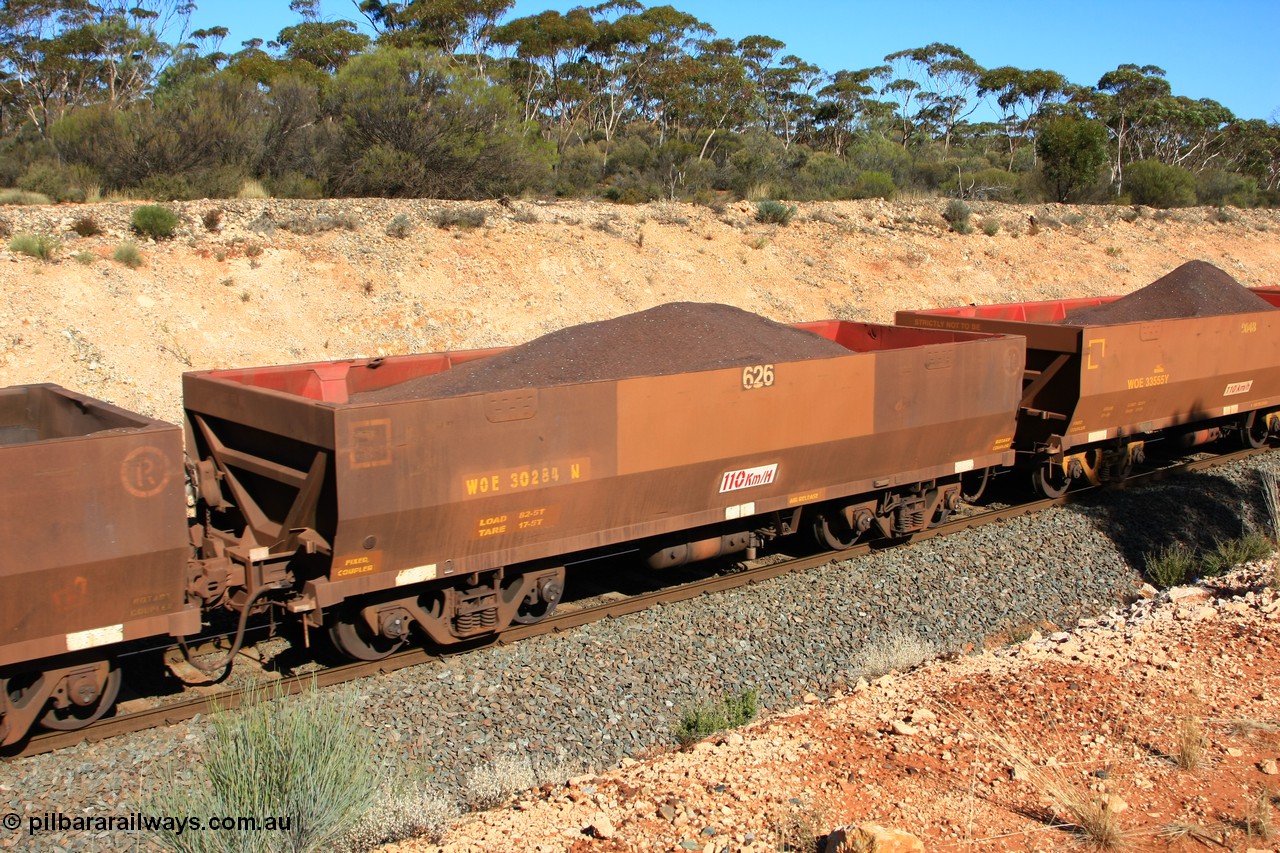 100602 8552
WOE type iron ore waggon WOE 30284 is one of a batch of one hundred and thirty built by Goninan WA between March and August 2001 with serial number 950092-034 and fleet number 626 for Koolyanobbing iron ore operations of 83 tonne load capacity, but with revised load of 82.5 tonne and PORTMAN painted out, seen here west of Binduli, 2nd June 2010.
Keywords: WOE-type;WOE30284;Goninan-WA;950092-034;