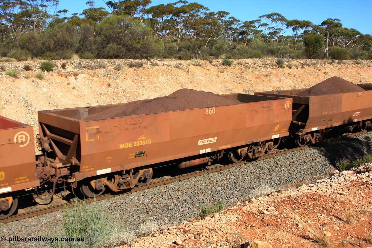 100602 8557
WOE type iron ore waggon WOE 33361 is one of a batch of one hundred and forty one built by United Goninan WA between November 2005 and April 2006 with serial number 950142-066 and fleet number 860 for Koolyanobbing iron ore operations, build date 01/2006 and a revised load of 82.5 tonnes with PORTMAN painted out, seen here west of Binduli, 2nd June 2010.
Keywords: WOE-type;WOE33361;United-Goninan-WA;950142-066;