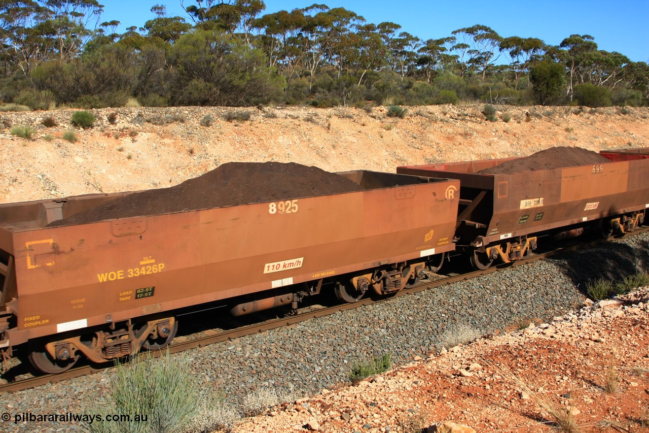100602 8560
WOE type iron ore waggon WOE 33426 is one of a batch of one hundred and forty one built by United Group Rail WA between November 2005 and April 2006 with serial number 950142-131 and fleet number 8925 for Koolyanobbing iron ore operations a build date of 04/2006 with a revised load of 82.5 tonnes with PORTMAN painted out, seen here west of Binduli, 2nd June 2010.
Keywords: WOE-type;WOE33426;United-Group-Rail-WA;950142-131;