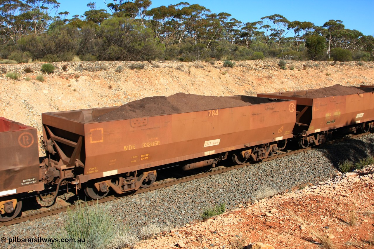 100602 8561
WOE type iron ore waggon WOE 33285 is one of a batch of thirty five built by United Goninan WA between January and April 2005 with serial number 950104-025 and fleet number 784 for Koolyanobbing iron ore operations, build date of 03/2005 with a revised load of 82.5 tonnes and PORTMAN painted out, seen here west of Binduli, 2nd June 2010.
Keywords: WOE-type;WOE33285;United-Goninan-WA;950104-025;