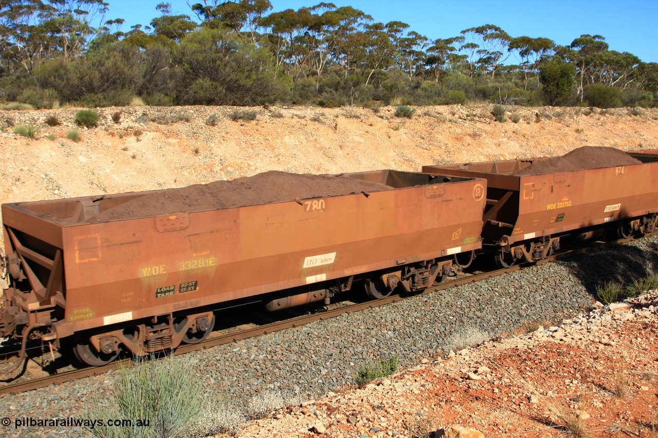 100602 8562
WOE type iron ore waggon WOE 33281 is one of a batch of thirty five built by United Goninan WA between January and April 2005 with serial number 950104-021 and fleet number 780 for Koolyanobbing iron ore operations with a revised load of 82.5 tonnes and PORTMAN painted out, seen here west of Binduli, 2nd June 2010.
Keywords: WOE-type;WOE33281;United-Goninan-WA;950104-021;