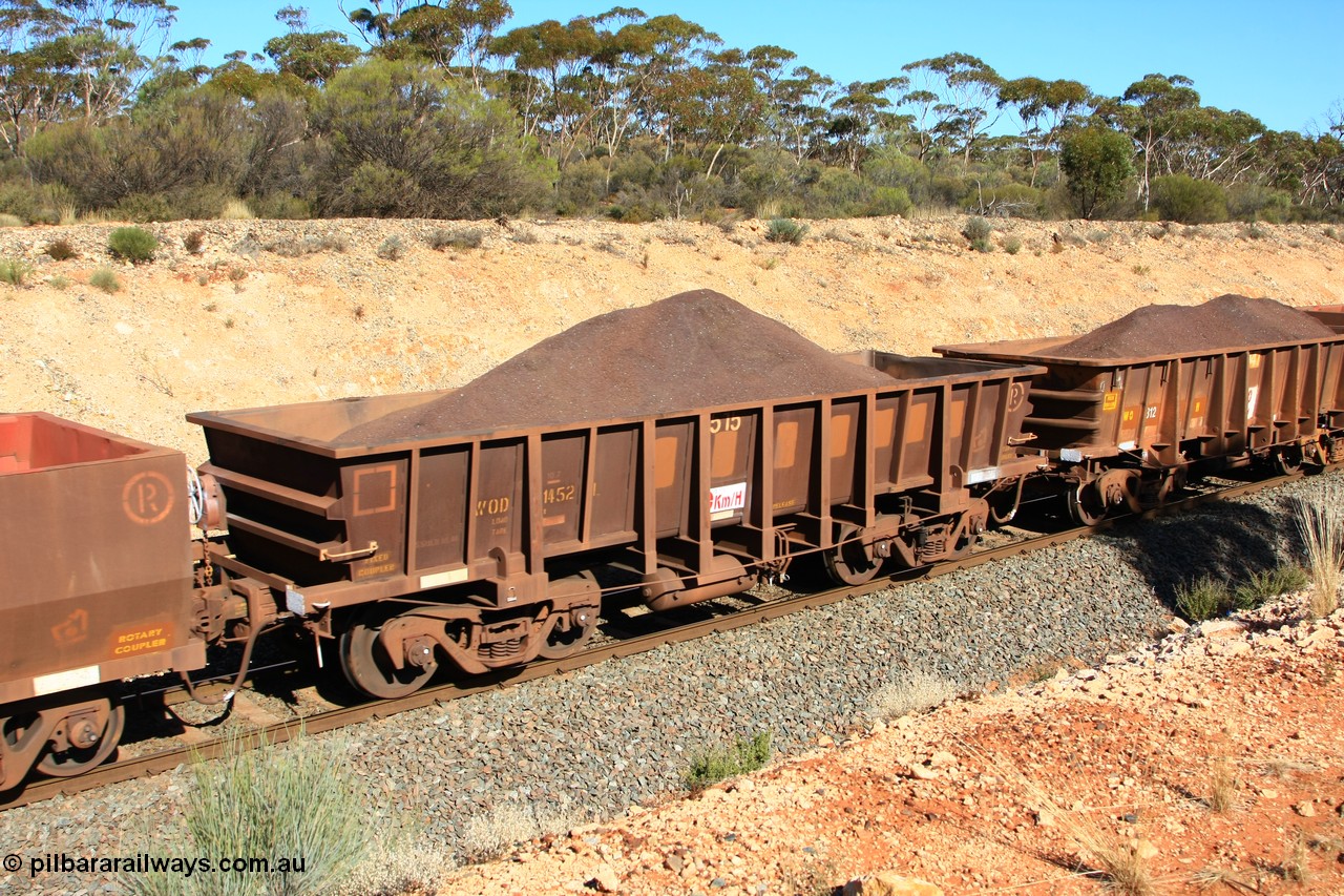 100602 8563
WOD type iron ore waggon WOD 31452 is one of a batch of sixty two built by Goninan WA between April and August 2000 with serial number 950086-024 and fleet number 515 for Koolyanobbing iron ore operations with a 75 ton capacity for Portman Mining to cart their Koolyanobbing iron ore to Esperance, with PORTMAN painted out, seen here west of Binduli, 2nd June 2010.
Keywords: WOD-type;WOD31452;Goninan-WA;950086-024;