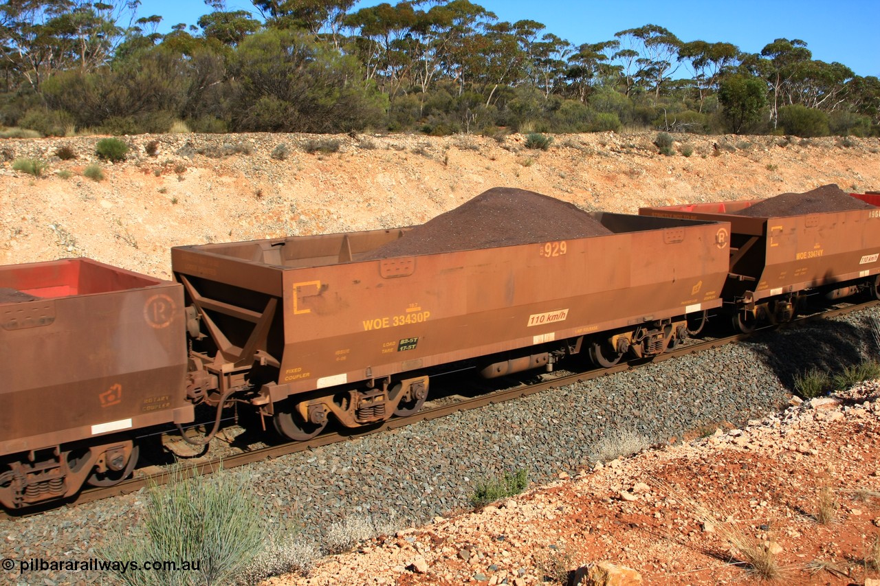 100602 8566
WOE type iron ore waggon WOE 33430 is one of a batch of one hundred and forty one built by United Group Rail WA between November 2005 and April 2006 with serial number 950142-135 and fleet number 8929 for Koolyanobbing iron ore operations a build date of 04/2006 with a revised load of 82.5 tonnes and PORTMAN painted out, seen here west of Binduli, 2nd June 2010.
Keywords: WOE-type;WOE33430;United-Group-Rail-WA;950142-135;
