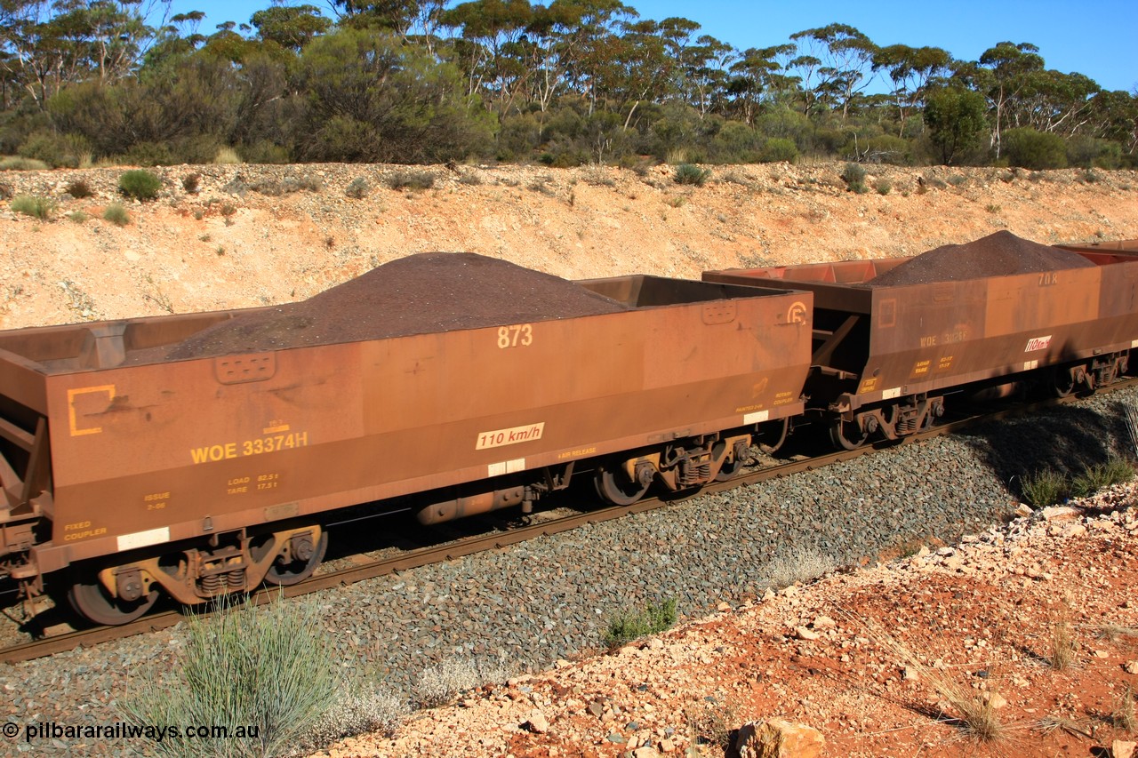 100602 8568
WOE type iron ore waggon WOE 33374 is one of a batch of one hundred and forty one built by United Goninan WA between November 2005 and April 2006 with serial number 950142-079 and fleet number 873 for Koolyanobbing iron ore operations, with a build date of 02/2006 and a revised load of 82.5 tonnes with PORTMAN painted out, seen here west of Binduli, 2nd June 2010.
Keywords: WOE-type;WOE33374;United-Goninan-WA;950142-079;