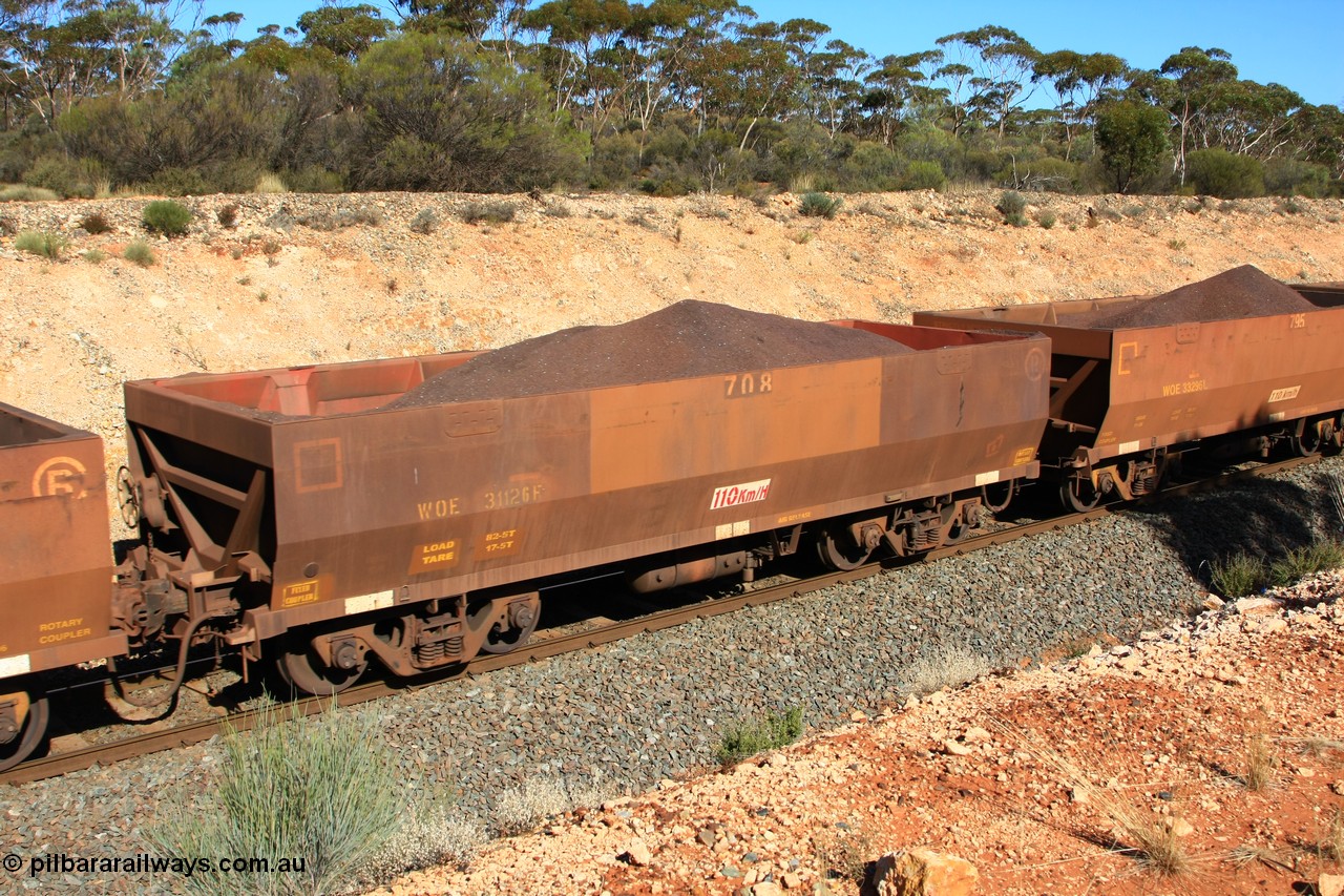 100602 8569
WOE type iron ore waggon WOE 31126 is one of a batch of one hundred and thirty built by Goninan WA between March and August 2001 with serial number 950092-116 and fleet number 708 for Koolyanobbing iron ore operations with revised load of 82.5 tonne and PORTMAN painted out, seen here west of Binduli, 2nd June 2010.
Keywords: WOE-type;WOE31126;Goninan-WA;950092-116;