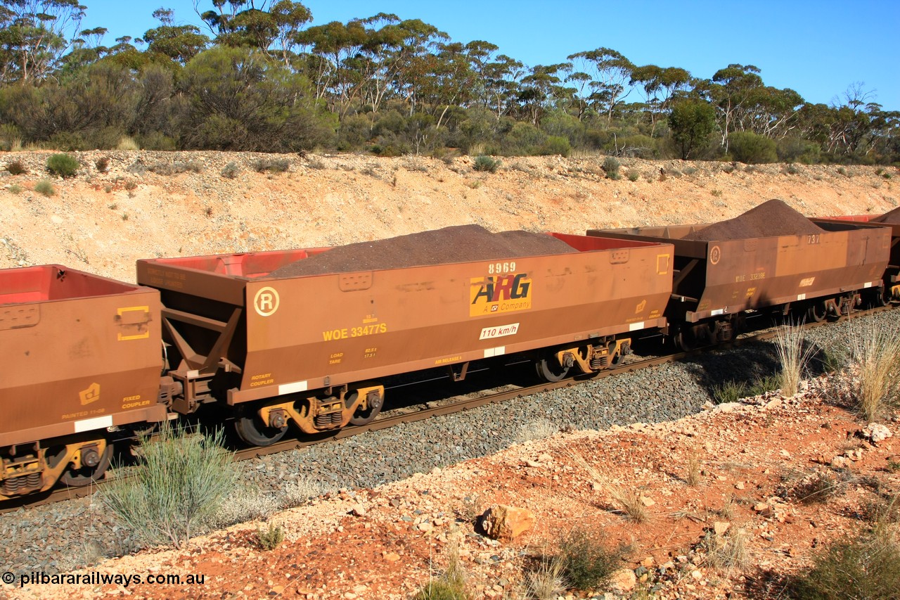 100602 8574
WOE type iron ore waggon WOE 33477 is one of a batch of one hundred and twenty eight built by United Group Rail WA between August 2008 and March 2009 with serial number 950211-019 and fleet number 8969 for Koolyanobbing iron ore operations, the 8 being a addition due to fleet size, build date of 09/2008 with a revised load of 82.5 tonnes with an ARG decal applied to the side, seen here west of Binduli, 2nd June 2010.
Keywords: WOE-type;WOE33477;United-Group-Rail-WA;950211-019;