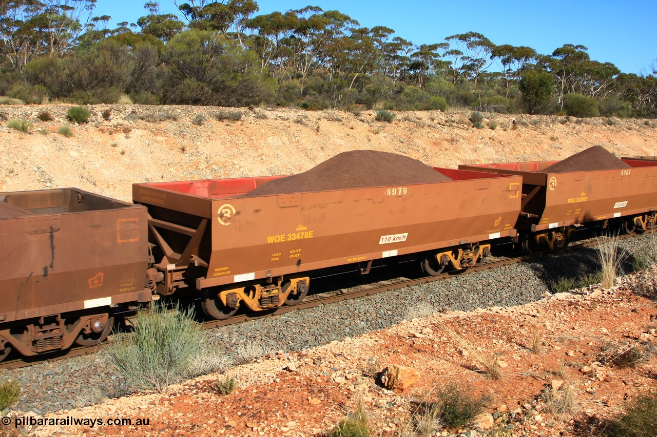 100602 8576
WOE type iron ore waggon WOE 33478 is one of a batch of one hundred and twenty eight built by United Group Rail WA between August 2008 and March 2009 with serial number 950211-020 and fleet number 8979 for Koolyanobbing iron ore operations, the 8 being an addition due to fleet size, build date of 09/2008 with a revised load of 82.5 tonnes, seen here west of Binduli, 2nd June 2010.
Keywords: WOE-type;WOE33478;United-Group-Rail-WA;950211-020;
