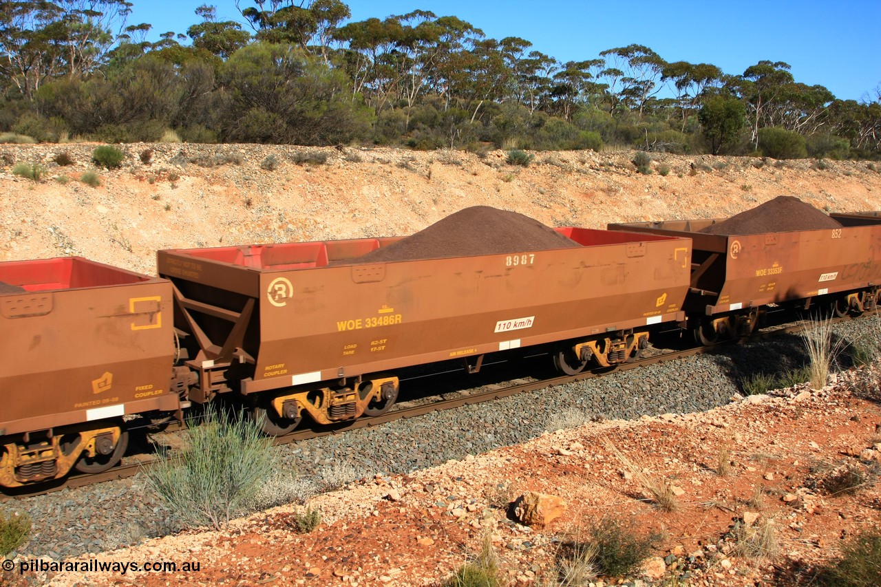 100602 8577
WOE type iron ore waggon WOE 33486 is one of a batch of one hundred and twenty eight built by United Group Rail WA between August 2008 and March 2009 with serial number 950211-??? and fleet number 8987 for Koolyanobbing iron ore operations, seen here west of Binduli, 2nd June 2010.
Keywords: WOE-type;WOE33486;United-Group-Rail-WA;