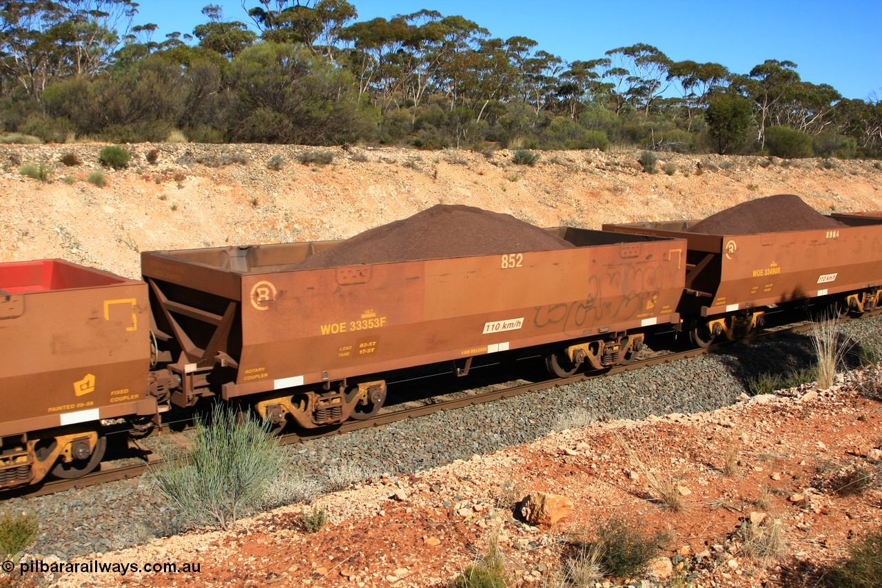 100602 8578
WOE type iron ore waggon WOE 33353 is one of a batch of one hundred and forty one built by United Goninan WA between November 2005 and April 2006 with serial number 950142-058 and fleet number 852 for Koolyanobbing iron ore operations with PORTMAN painted out, seen here west of Binduli, 2nd June 2010.
Keywords: WOE-type;WOE33353;United-Goninan-WA;950142-058;