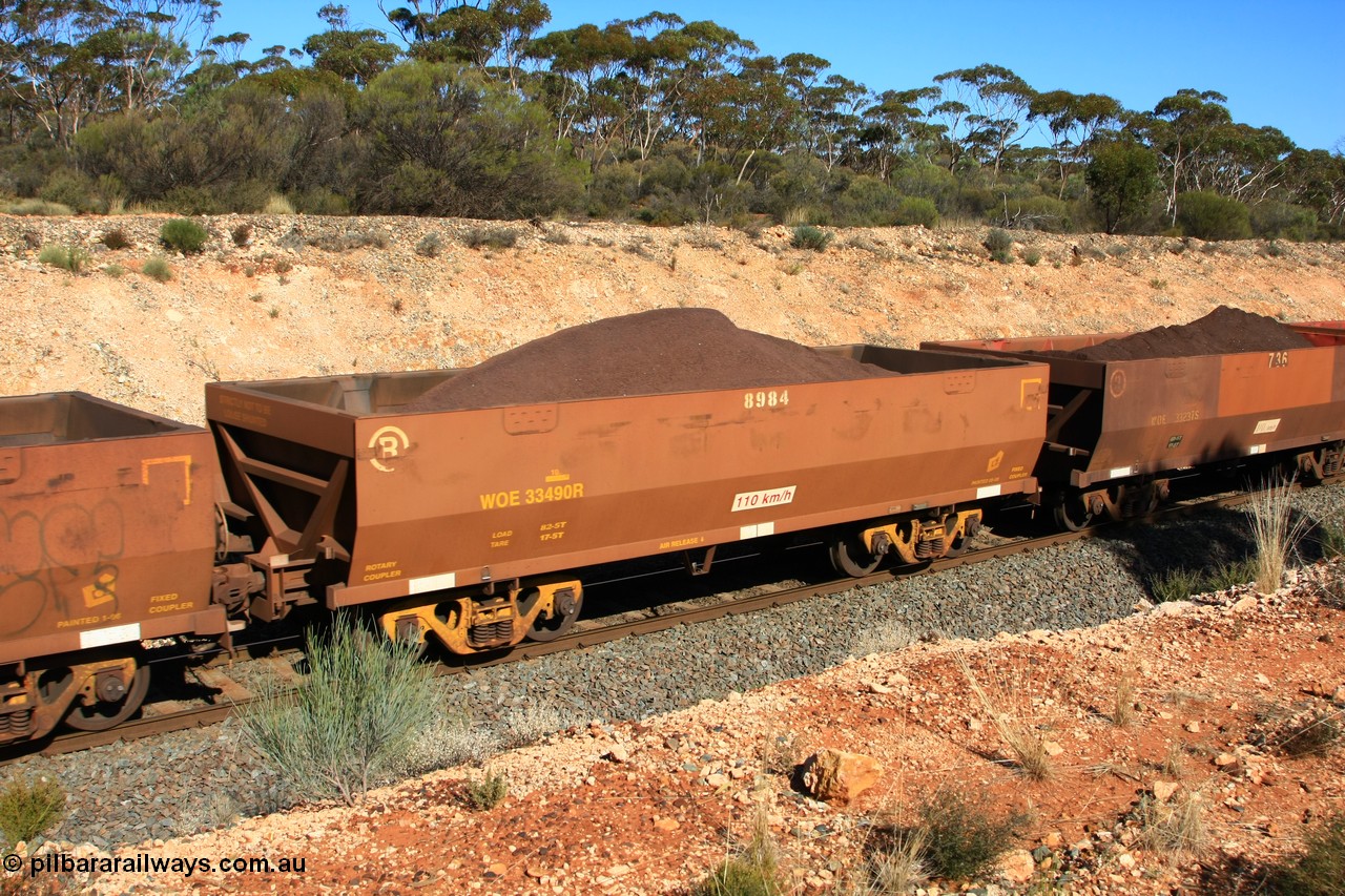 100602 8579
WOE type iron ore waggon WOE 33490 is one of a batch of one hundred and twenty eight built by United Group Rail WA between August 2008 and March 2009 with serial number 950211-030 and fleet number 8984 for Koolyanobbing iron ore operations, seen here west of Binduli, 2nd June 2010.
Keywords: WOE-type;WOE33490;United-Group-Rail-WA;950211-030;