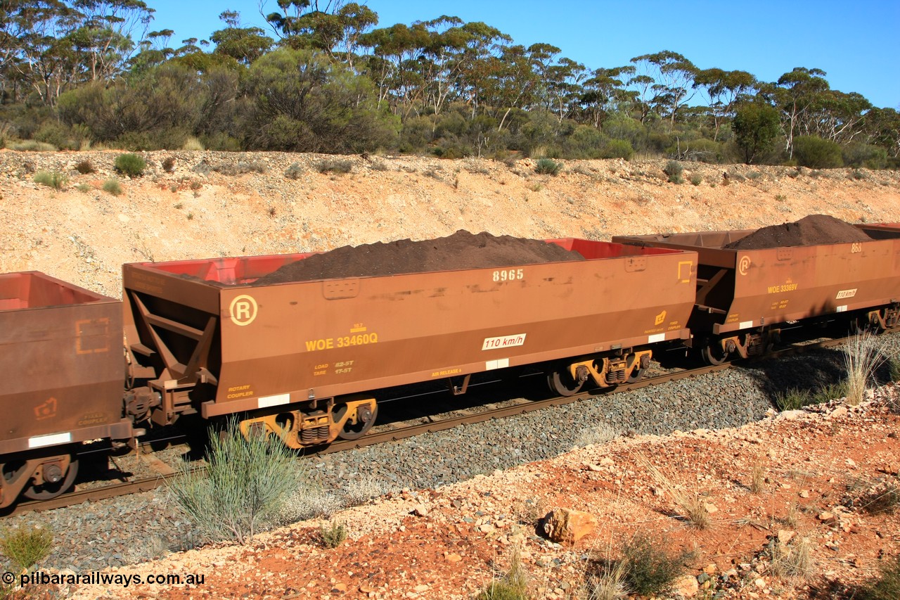 100602 8581
WOE type iron ore waggon WOE 33460 is one of a batch of one hundred and twenty eight built by United Group Rail WA between August 2008 and March 2009 with serial number 950211-002 and fleet number 8965 for Koolyanobbing iron ore operations, seen here west of Binduli, 2nd June 2010.
Keywords: WOE-type;WOE33460;United-Group-Rail-WA;950211-002;
