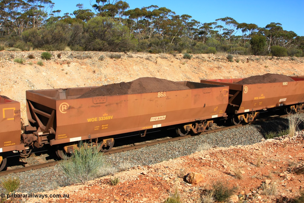 100602 8582
WOE type iron ore waggon WOE 33369 is one of a batch of one hundred and forty one built by United Goninan WA between November 2005 and April 2006 with serial number 950142-074 and fleet number 868 for Koolyanobbing iron ore operations, build date 02/2006 with a revised load of 82.5 tonnes and PORTMAN painted out, seen here west of Binduli, 2nd June 2010.
Keywords: WOE-type;WOE33369;United-Goninan-WA;950142-074;