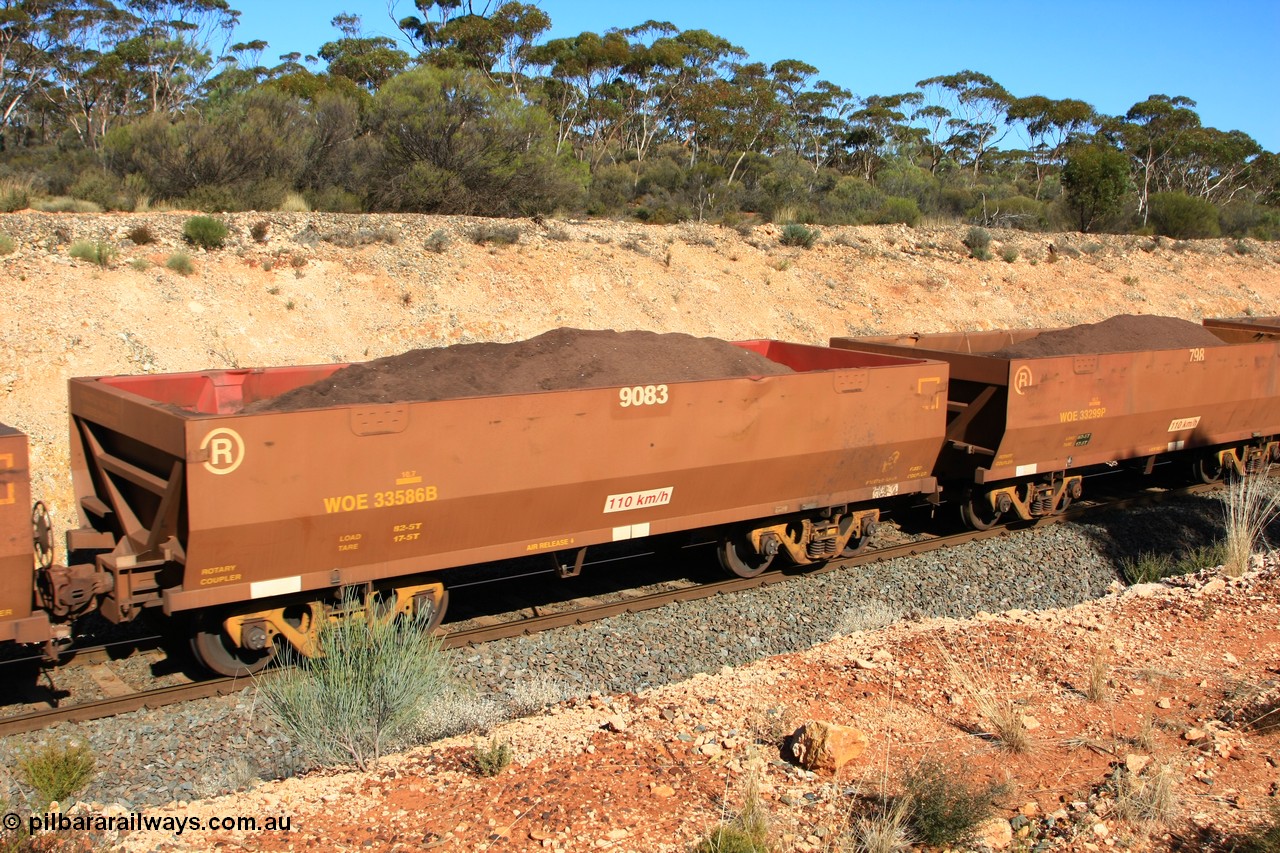 100602 8583
WOE type iron ore waggon WOE 33586 is one of a batch of one hundred and twenty eight built by United Group Rail WA between August 2008 and March 2009 with serial number 950211-126 and fleet number 9083 for Koolyanobbing iron ore operations, seen here west of Binduli, 2nd June 2010.
Keywords: WOE-type;WOE33586;United-Group-Rail-WA;950211-126;