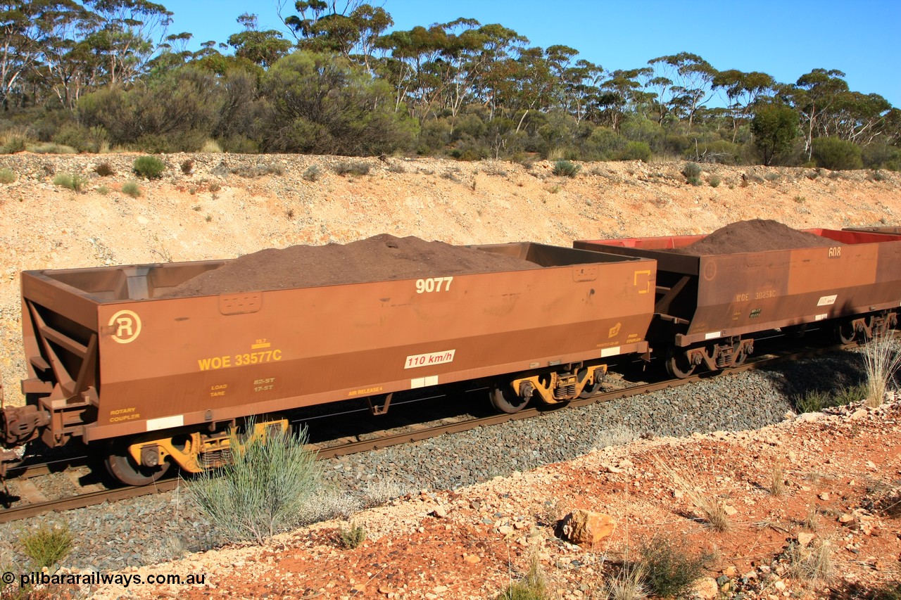 100602 8585
WOE type iron ore waggon WOE 33577 is one of a batch of one hundred and twenty eight built by United Group Rail WA between August 2008 and March 2009 with serial number 950211-117 and fleet number 9077 for Koolyanobbing iron ore operations, seen here west of Binduli, 2nd June 2010.
Keywords: WOE-type;WOE33577;United-Group-Rail-WA;950211-117;