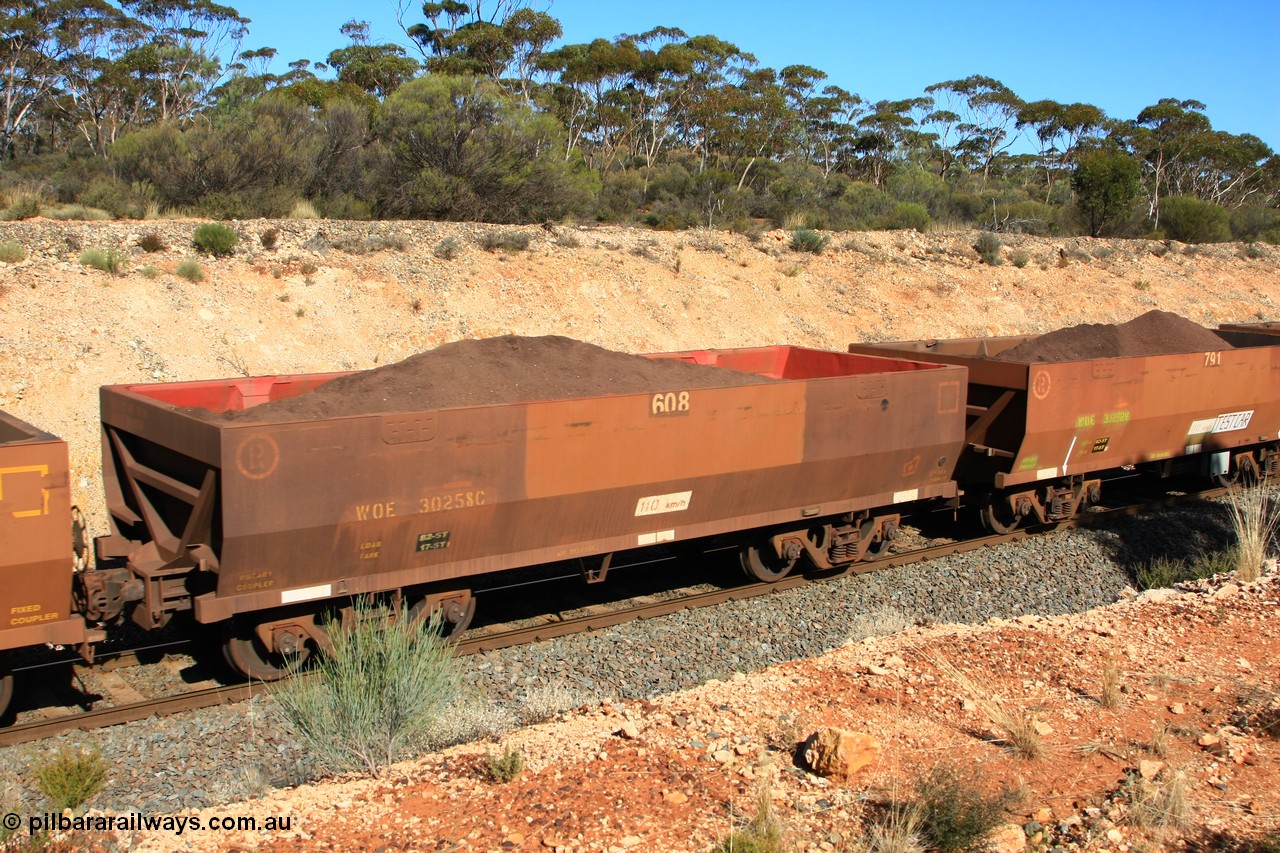 100602 8586
WOE type iron ore waggon WOE 30258 is one of a batch of one hundred and thirty built by Goninan WA between March and August 2001 with serial number 950092-008 and fleet number 608 for Koolyanobbing iron ore operations of 83 tonne load capacity for Portman Mining, now with reduced load to 82.5 tonnes and PORTMAN painted out, Binduli 2nd June 2010.
Keywords: WOE-type;WOE30258;Goninan-WA;950092-008;