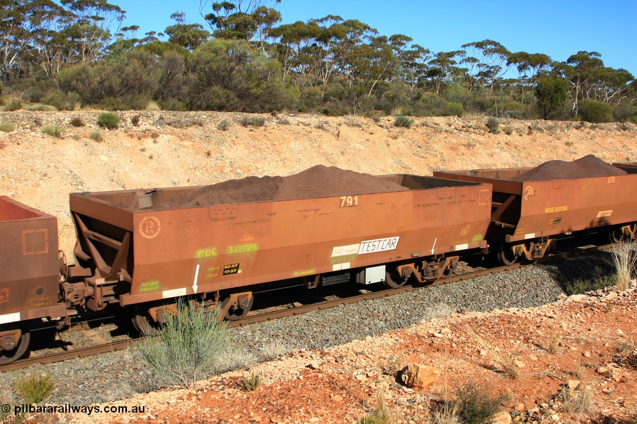100602 8587
WOE type iron ore waggon WOE 33292 is one of a batch of thirty five built by United Goninan WA between January and April 2005 with serial number 950104-032 and fleet number 791 for Koolyanobbing iron ore operations, set up as a test car, build date of 04/2005 with a revised load of 82.5 tonnes and PORTMAN painted out, seen here west of Binduli, 2nd June 2010.
Keywords: WOE-type;WOE33292;test-car;United-Goninan-WA;950104-032;