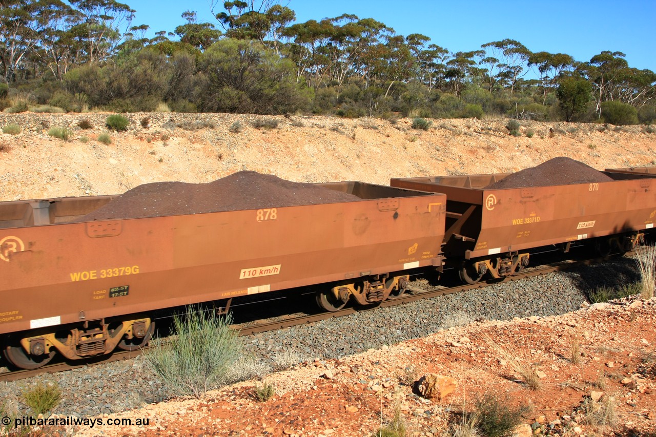 100602 8588
WOE type iron ore waggon WOE 33379 is one of a batch of one hundred and forty one built by United Group Rail WA between November 2005 and April 2006 with serial number 950142-084 and fleet number 878 for Koolyanobbing iron ore operations, build date 02/2006, revised load to 82.5 tonne and PORTMAN painted out, Binduli 2nd June 2010.
Keywords: WOE-type;WOE33379;United-Group-Rail-WA;950142-084;
