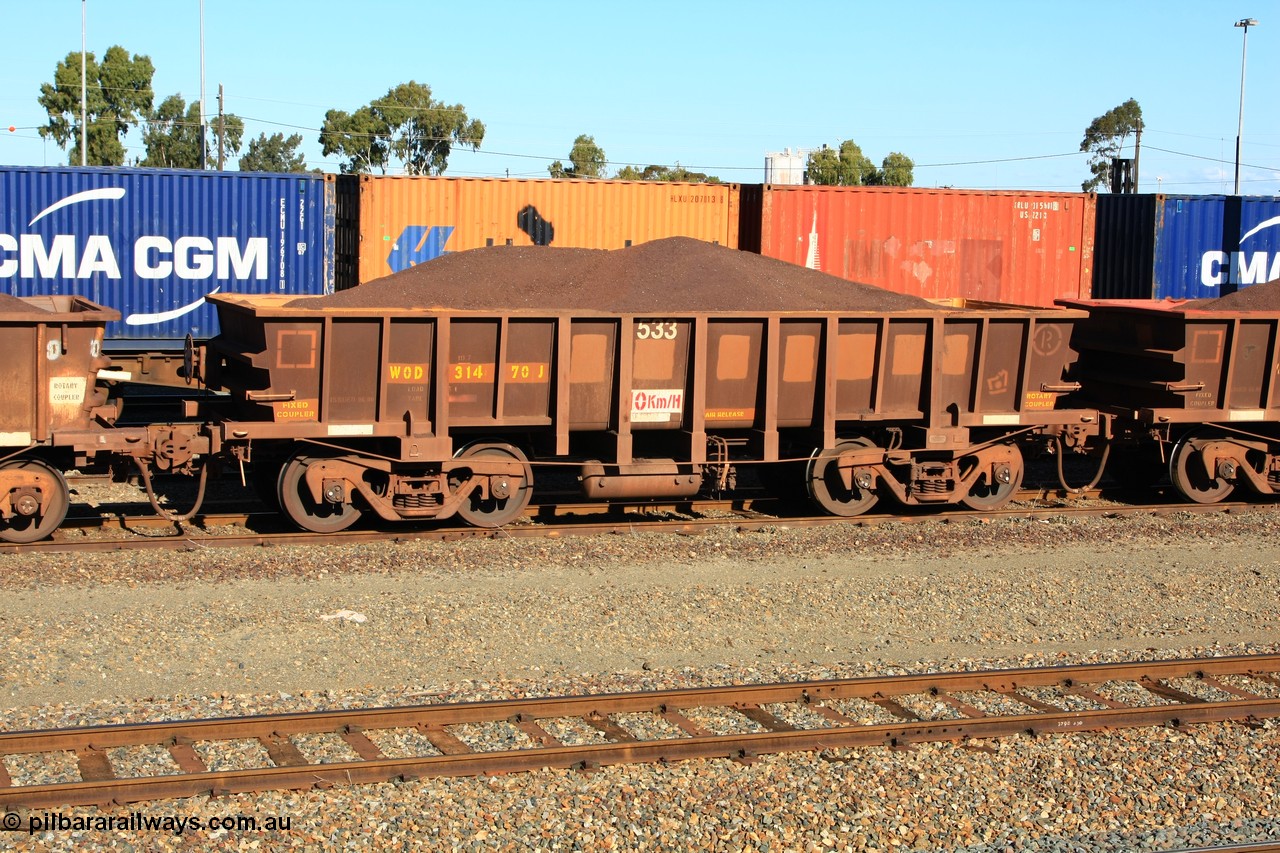 100602 8682
WOD type iron ore waggon WOD 31470 is one of a batch of sixty two built by Goninan WA between April and August 2000 with serial number 950086-042 and fleet number 533 for Koolyanobbing iron ore operations with a 75 ton capacity for Portman Mining to cart their Koolyanobbing iron ore to Esperance, PORTMAN has been painted out, West Kalgoorlie loaded with fines, 2nd June 2010.
Keywords: WOD-type;WOD31470;Goninan-WA;950086-042;