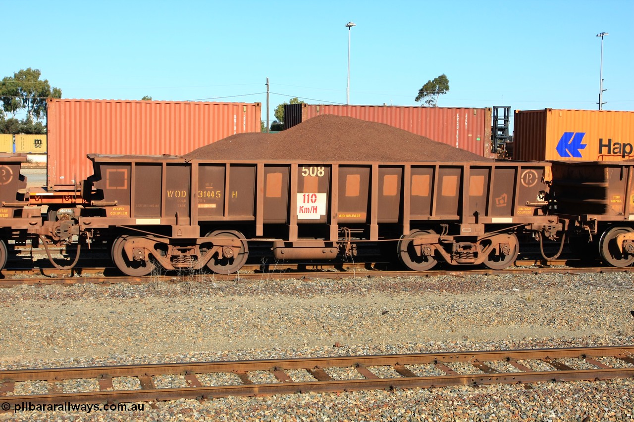 100602 8687
WOD type iron ore waggon WOD 31445 is one of a batch of sixty two built by Goninan WA between April and August 2000 with serial number 950086-017 and fleet number 508 for Koolyanobbing iron ore operations with a 75 ton capacity for Portman Mining to cart their Koolyanobbing iron ore to Esperance, PORTMAN has been painted out, West Kalgoorlie loaded with fines, 2nd June 2010.
Keywords: WOD-type;WOD31445;Goninan-WA;950086-018;
