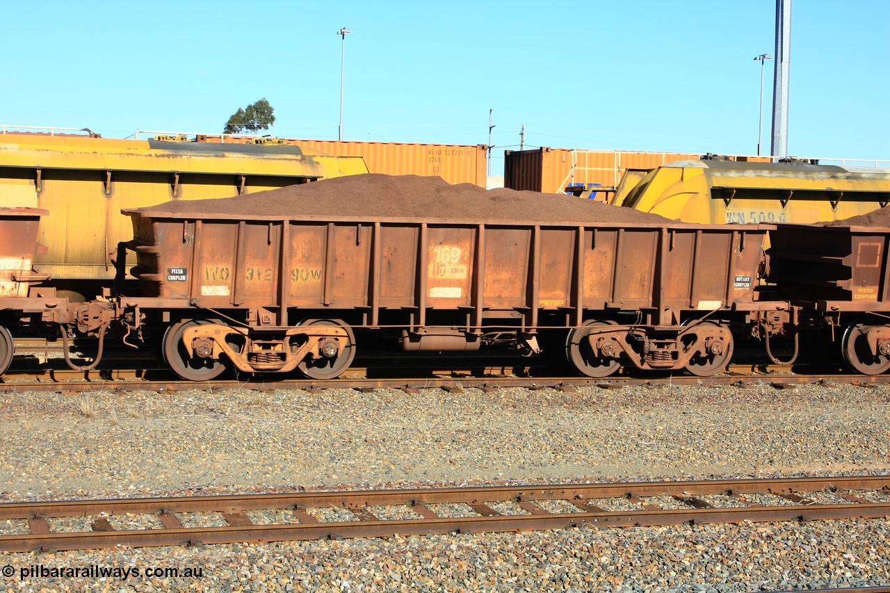 100602 8691
WO type iron ore waggon WO 31290 is one of a batch of fifteen built by WAGR Midland Workshops between July and October 1968 with fleet number 169 for Koolyanobbing iron ore operations, with a 75 ton and 1018 ft³ capacity, West Kalgoorlie loaded with fines, 2nd June 2010.
Keywords: WO-type;WO31290;WAGR-Midland-WS;