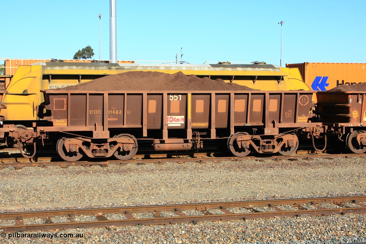 100602 8692
WOD type iron ore waggon WOD 31488 is one of a batch of sixty two built by Goninan WA between April and August 2000 with serial number 950086-060 and fleet number 551 for Koolyanobbing iron ore operations with a 75 ton capacity build date 07/2000, for Portman Mining to cart their Koolyanobbing iron ore to Esperance, PORTMAN has been painted out, West Kalgoorlie loaded with fines, 2nd June 2010.
Keywords: WOD-type;WOD31488;Goninan-WA;950086-060;