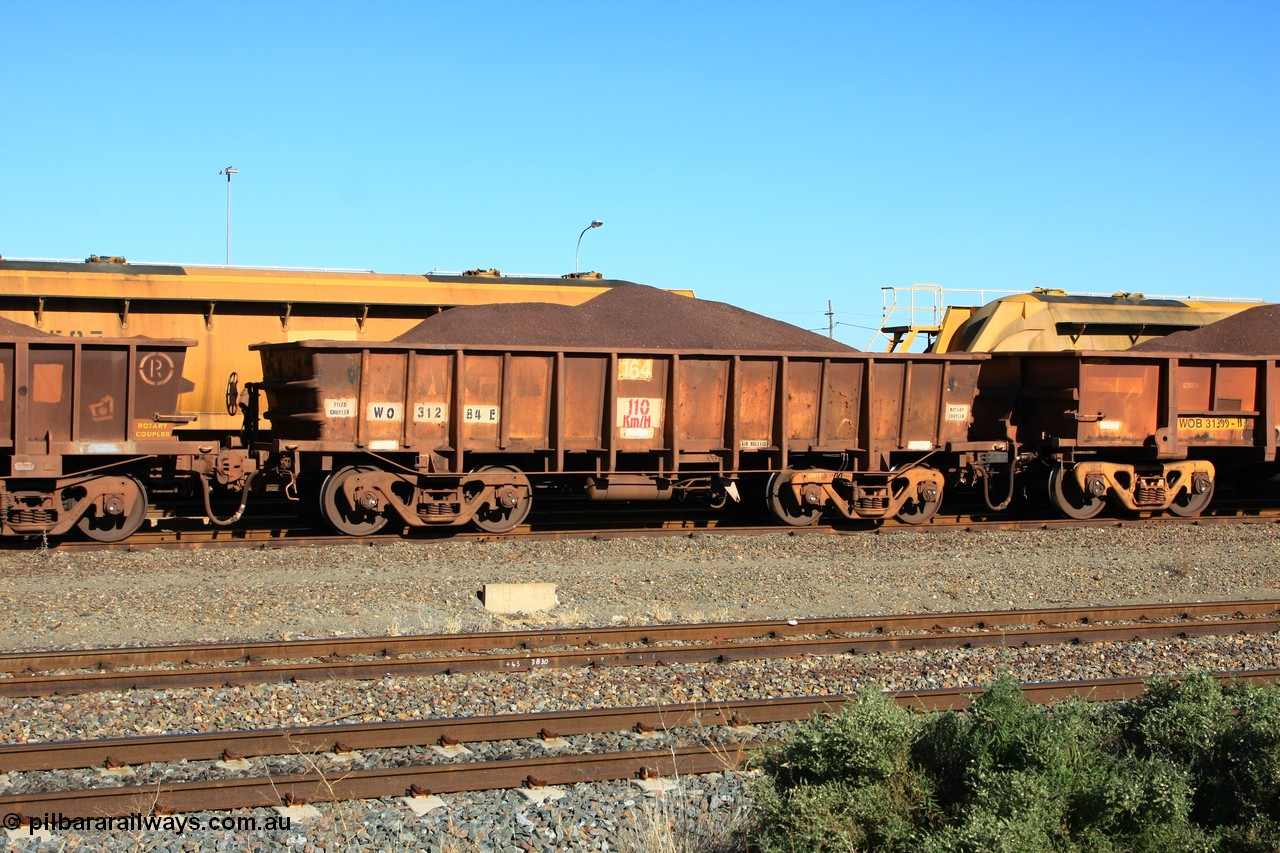 100602 8699
WO type iron ore waggon WO 31284 is one of a batch of eighty six built by WAGR Midland Workshops between 1967 and March 1968 with fleet number 164 for Koolyanobbing iron ore operations, with a 75 ton and 1018 ft³ capacity, loaded with fines, West Kalgoorlie 2nd June 2010. This unit was converted to WOC for coal in 1986 till 1994 when it was re-classed back to WO.
Keywords: WO-type;WO31284;WAGR-Midland-WS;