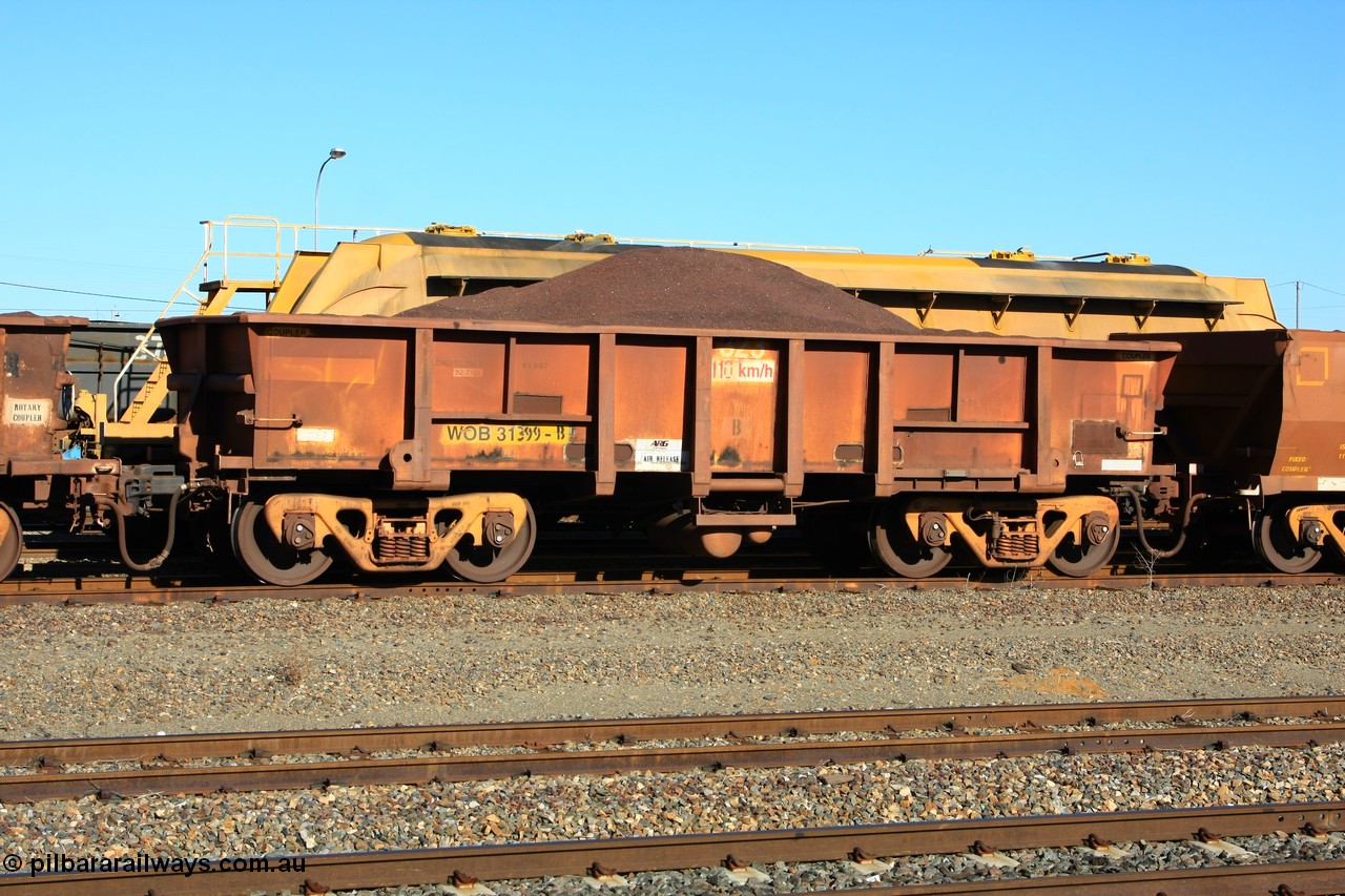 100602 8700
WOB type iron ore waggon WOB 31399 is one of a batch of twenty five built by Comeng WA between 1974 and 1975 and converted from Mt Newman high sided waggons by WAGR Midland Workshops with a capacity of 67 tons with fleet number 323 for Koolyanobbing iron ore operations, seen here West Kalgoorlie 2nd June 2010.
Keywords: WOB-type;WOB31399;Comeng-WA;WSM-type;Mt-Newman-Mining;