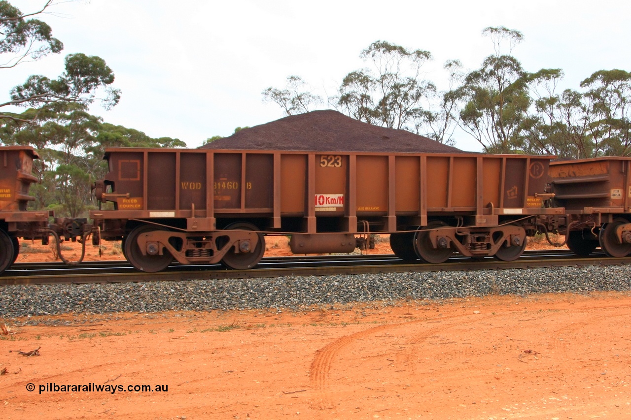 100605 9331
WOD type iron ore waggon WOD 31460 is one of a batch of sixty two built by Goninan WA between April and August 2000 with serial number 950086-032 and fleet number 523 for Koolyanobbing iron ore operations with a 75 ton capacity for Portman Mining to cart their Koolyanobbing iron ore to Esperance, now with PORTMAN painted out, Binduli Triangle, loaded with fines, 5th June 2010.
Keywords: WOD-type;WOD31460;Goninan-WA;950086-032;