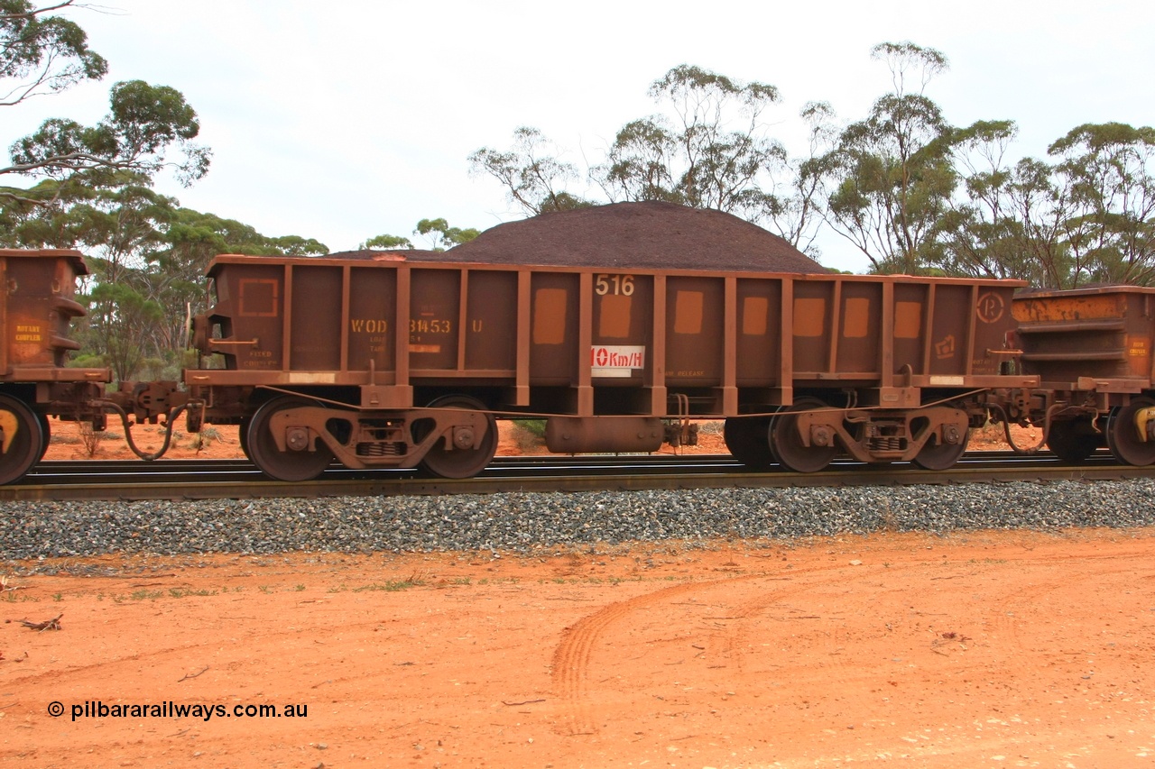 100605 9340
WOD type iron ore waggon WOD 31453 is one of a batch of sixty two built by Goninan WA between April and August 2000 with serial number 950086-025 and fleet number 516 for Koolyanobbing iron ore operations with a 75 ton capacity for Portman Mining to cart their Koolyanobbing iron ore to Esperance, now with PORTMAN painted out, Binduli Triangle, loaded with fines, 5th June 2010.
Keywords: WOD-type;WOD31453;Goninan-WA;950086-025;