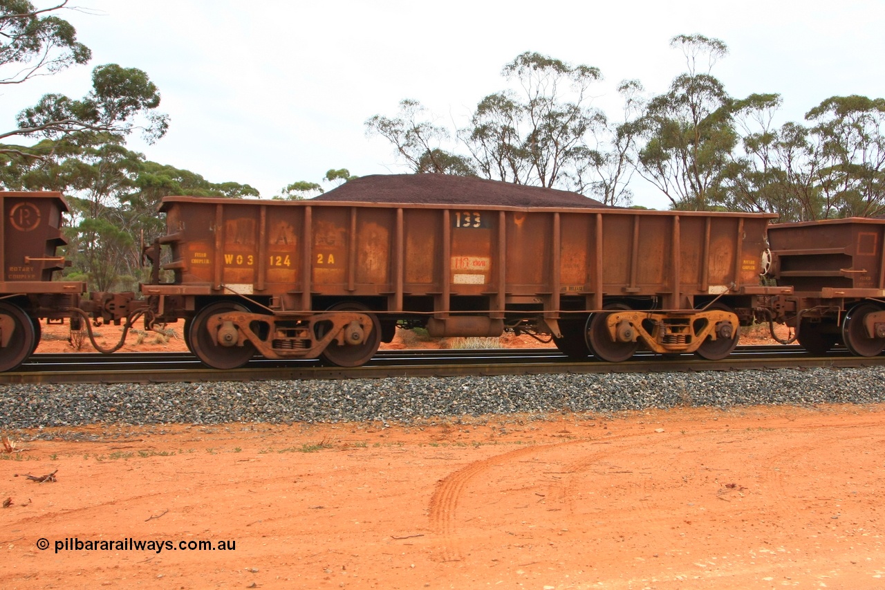 100605 9341
WO type iron ore waggon WO 31242 is one of a batch of eighty six built by WAGR Midland Workshops between 1967 and March 1968 with fleet number 133 for Koolyanobbing iron ore operations, with a 75 ton and 1018 ft³ capacity, Binduli Triangle, loaded with fines, 5th June 2010. This unit was converted to WOC for coal in 1986 till 1994 when it was re-classed back to WO.
Keywords: WO-type;WO31242;WAGR-Midland-WS;