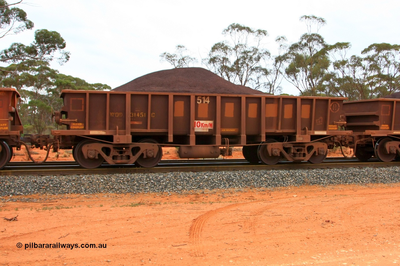 100605 9345
WOD type iron ore waggon WOD 31451 is one of a batch of sixty two built by Goninan WA between April and August 2000 with serial number 950086-023 and fleet number 514 for Koolyanobbing iron ore operations with a 75 ton capacity for Portman Mining to cart their Koolyanobbing iron ore to Esperance, now with PORTMAN painted out, Binduli Triangle, loaded with fines, 5th June 2010.
Keywords: WOD-type;WOD31451;Goninan-WA;950086-023;