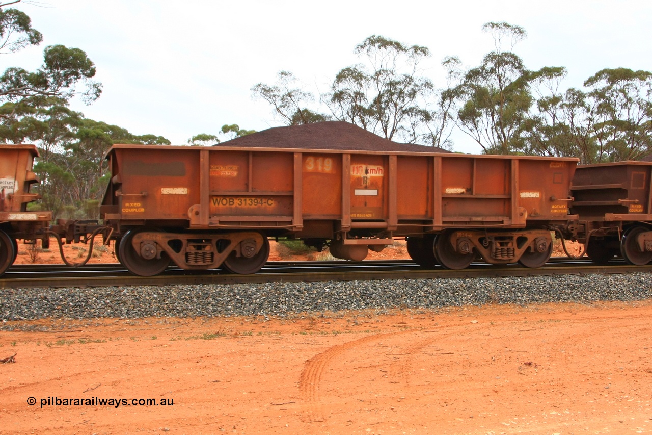 100605 9346
WOB type iron ore waggon WOB 31394 is one of a batch of twenty five built by Comeng WA between 1974 and 1975 and converted from Mt Newman high sided waggons by WAGR Midland Workshops with a capacity of 67 tons with fleet number 319 for Koolyanobbing iron ore operations, Binduli Triangle, loaded with fines, 5th June 2010.
Keywords: WOB-type;WOB31394;Comeng-WA;WSM-type;Mt-Newman-Mining;