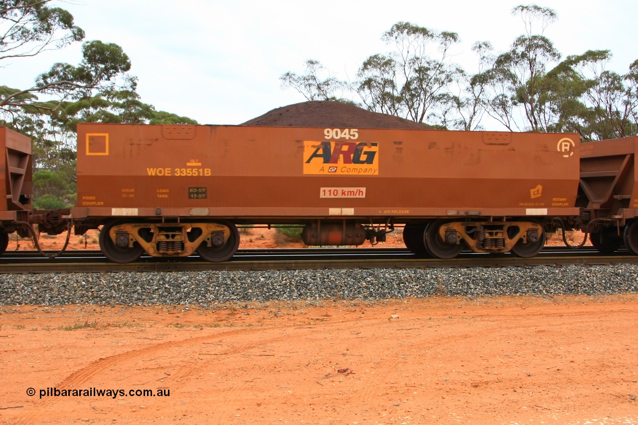 100605 9356
WOE type iron ore waggon WOE 33551 is one of a batch of one hundred and twenty eight built by United Group Rail WA between August 2008 and March 2009 with serial number 950211-091 and fleet number 9045 for Koolyanobbing iron ore operations, seen here Binduli Triangle 5th June 2010.
Keywords: WOE-type;WOE33551;United-Group-Rail-WA;950211-091;
