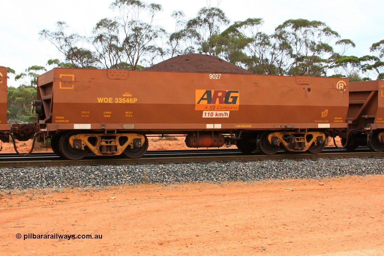 100605 9358
WOE type iron ore waggon WOE 33546 is one of a batch of one hundred and twenty eight built by United Group Rail WA between August 2008 and March 2009 with serial number 950211-086 and fleet number 9027 for Koolyanobbing iron ore operations, seen here Binduli Triangle 5th June 2010.
Keywords: WOE-type;WOE33546;United-Group-Rail-WA;950211-086;