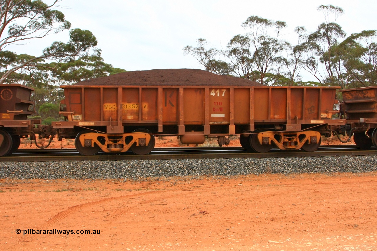 100605 9368
WOC type iron ore waggon WOC 31357 is one of a batch of thirty built by Goninan WA between October 1997 to January 1998 with fleet number 417 for Koolyanobbing iron ore operations with a 75 ton capacity and lettered for KIPL, Koolyanobbing Iron Pty Ltd with only the K left, Binduli Triangle loaded with fines, 5th June 2010.
Keywords: WOC-type;WOC31357;Goninan-WA;