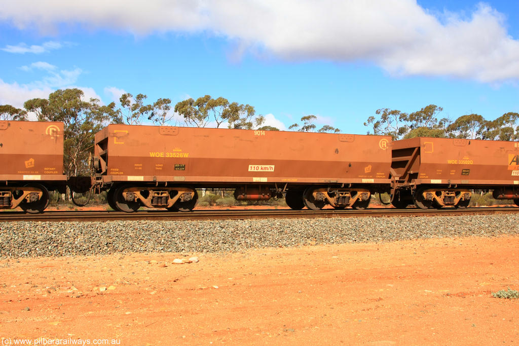 100729 01487
WOE type iron ore waggon WOE 33526 is one of a batch of one hundred and twenty eight built by United Group Rail WA between August 2008 and March 2009 with serial number 950211-066 and fleet number 9014 for Koolyanobbing iron ore operations, Binduli 29th July 2010.
Keywords: WOE-type;WOE33526;United-Group-Rail-WA;950211-066;