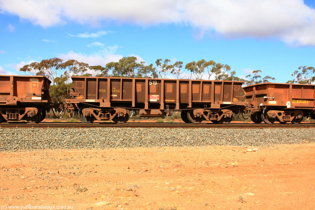 100729 01489
WOD type iron ore waggon WOD 31456 is one of a batch of sixty two built by Goninan WA between April and August 2000 with serial number 950086-028 and fleet number 519 for Koolyanobbing iron ore operations with a 75 ton capacity for Portman Mining to cart their Koolyanobbing iron ore to Esperance, PORTMAN has been painted out, Binduli, 29th July 2010.
Keywords: WOD-type;WOD31456;Goninan-WA;950086-028;