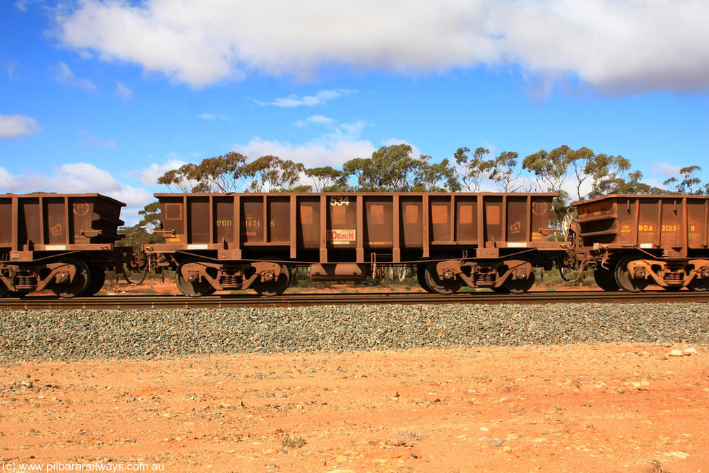 100729 01495
WOD type iron ore waggon WOD 31471 is one of a batch of sixty two built by Goninan WA between April and August 2000 with serial number 950086-043 and fleet number 534 for Koolyanobbing iron ore operations with a 75 ton capacity for Portman Mining to cart their Koolyanobbing iron ore to Esperance, now with PORTMAN painted out, Binduli Triangle, 29th July 2010.
Keywords: WOD-type;WOD31471;Goninan-WA;950086-043;