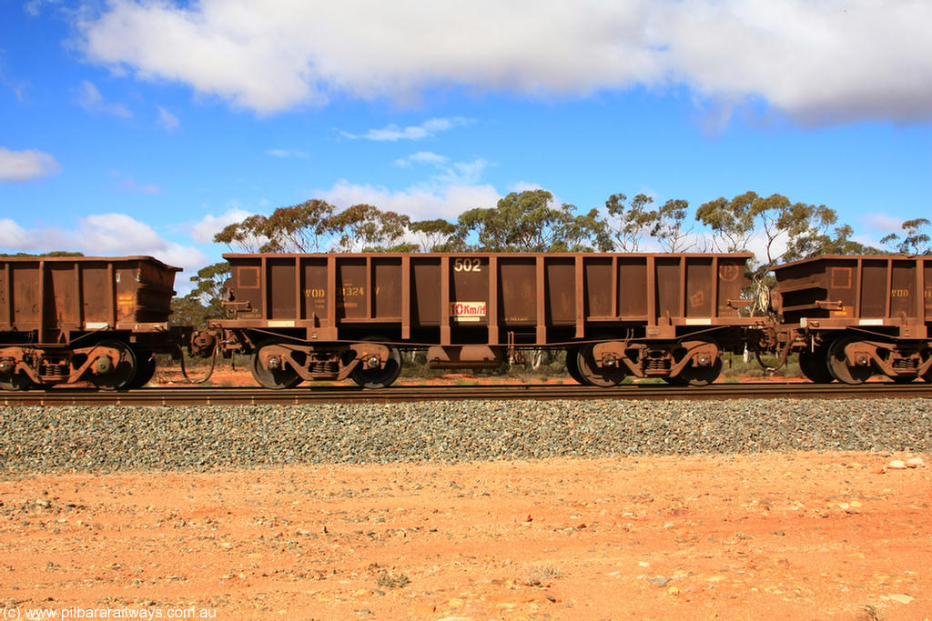 100729 01496
WOD type iron ore waggon WOD 31324 is one of a batch of sixty two built by Goninan WA between April and August 2000 with serial number 950086-012 and fleet number 502 for Koolyanobbing iron ore operations with a 75 ton capacity and a replacement for a WO type waggon number, for Portman Mining to cart their Koolyanobbing iron ore to Esperance, Binduli Triangle, 29th July 2010.
Keywords: WOD-type;WOD31324;Goninan-WA;950086-012;