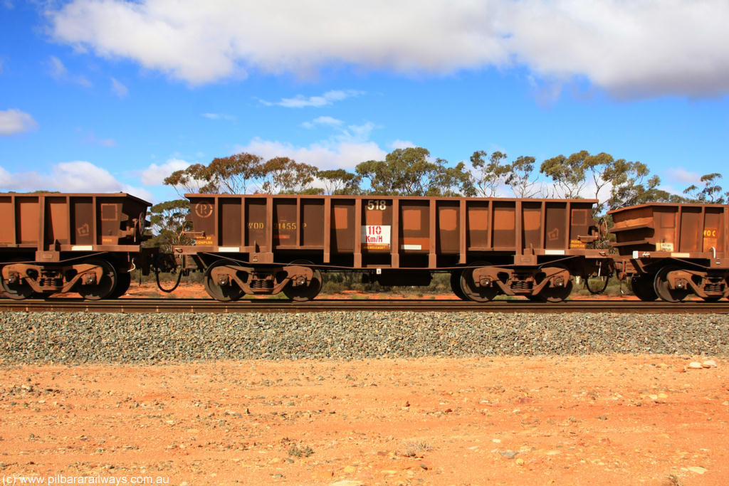 100729 01500
WOD type iron ore waggon WOD 31455 is one of a batch of sixty two built by Goninan WA between April and August 2000 with serial number 950086-027 and fleet number 518 for Koolyanobbing iron ore operations with a 75 ton capacity for Portman Mining to cart their Koolyanobbing iron ore to Esperance, now with PORTMAN painted out, Binduli Triangle, 29th July 2010.
Keywords: WOD-type;WOD31455;Goninan-WA;950086-027;